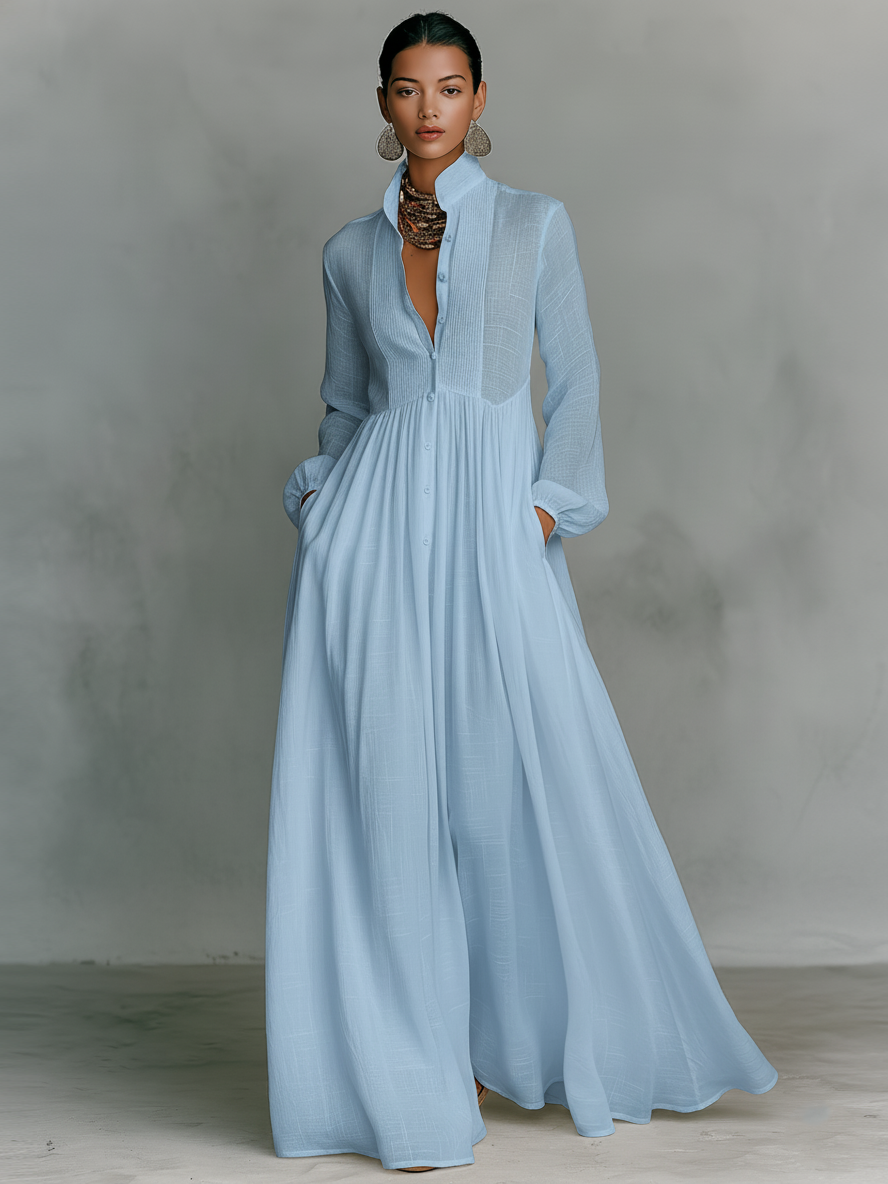 Vestido Maxi Minimalista de Tencel y Lino para Mujer | Diseño de Patchwork, Cuello Alto, Manga Larga y Abotonadura Frontal