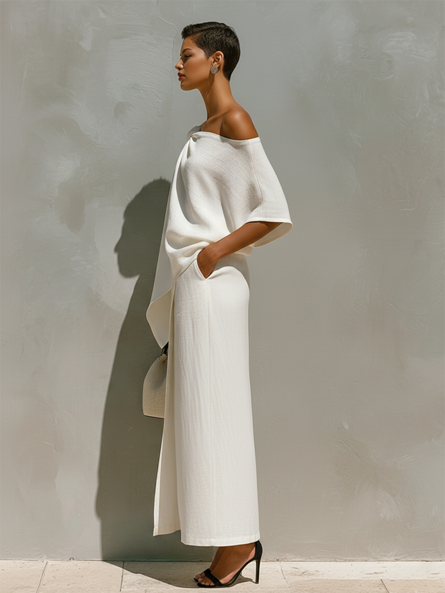 Conjunto de Lino Blanco con Detalle de Nudo Asimétrico y Abertura Frontal, Estilo Minimalista-Resort Atemporal
