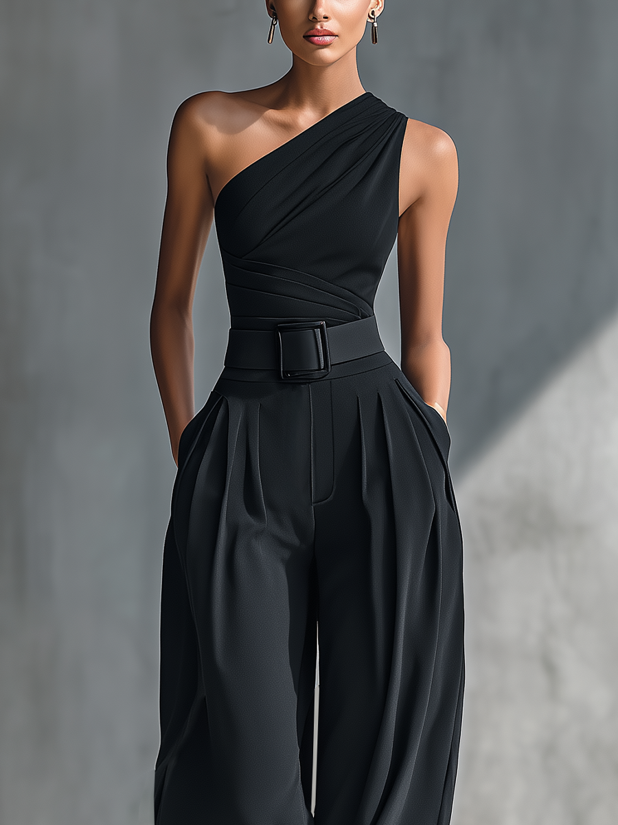 Conjunto de Top Negro de Punto Elástico y Pantalón Ancho en Acetato