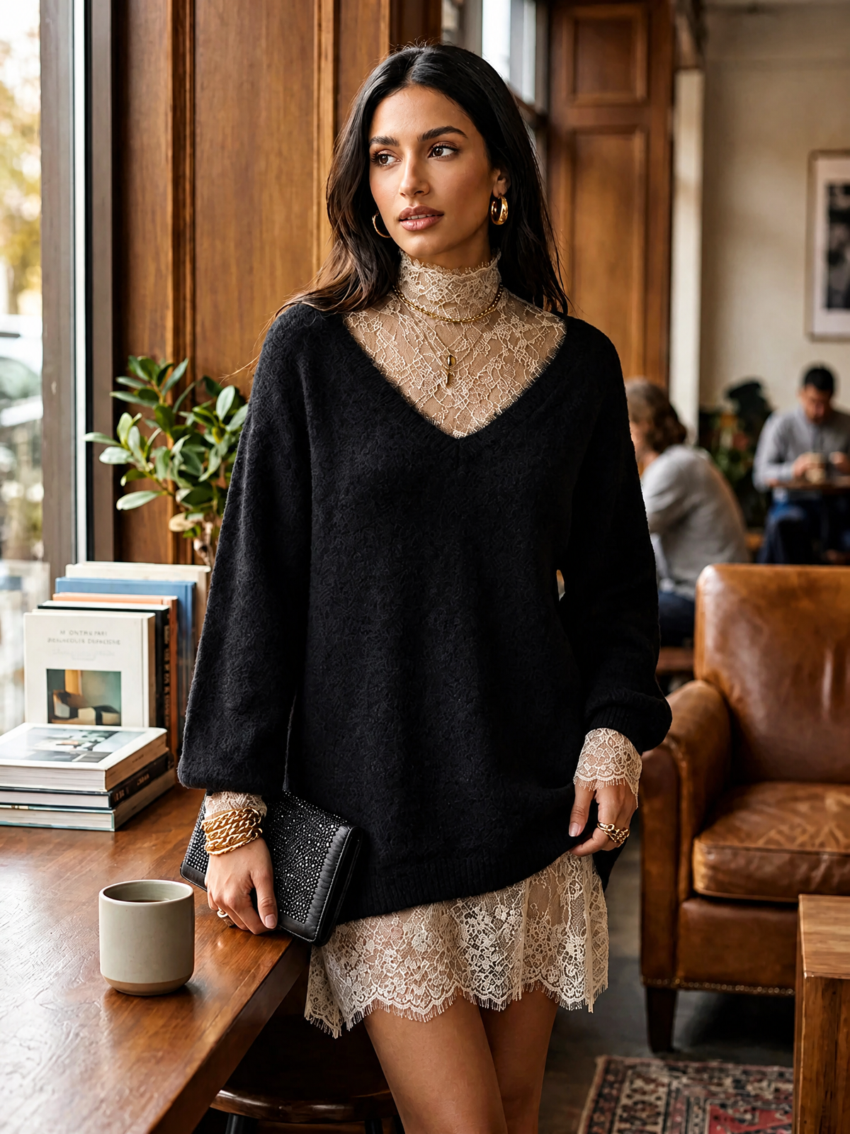 Vestido Corto Elegante de Punto con Ribete de Encaje