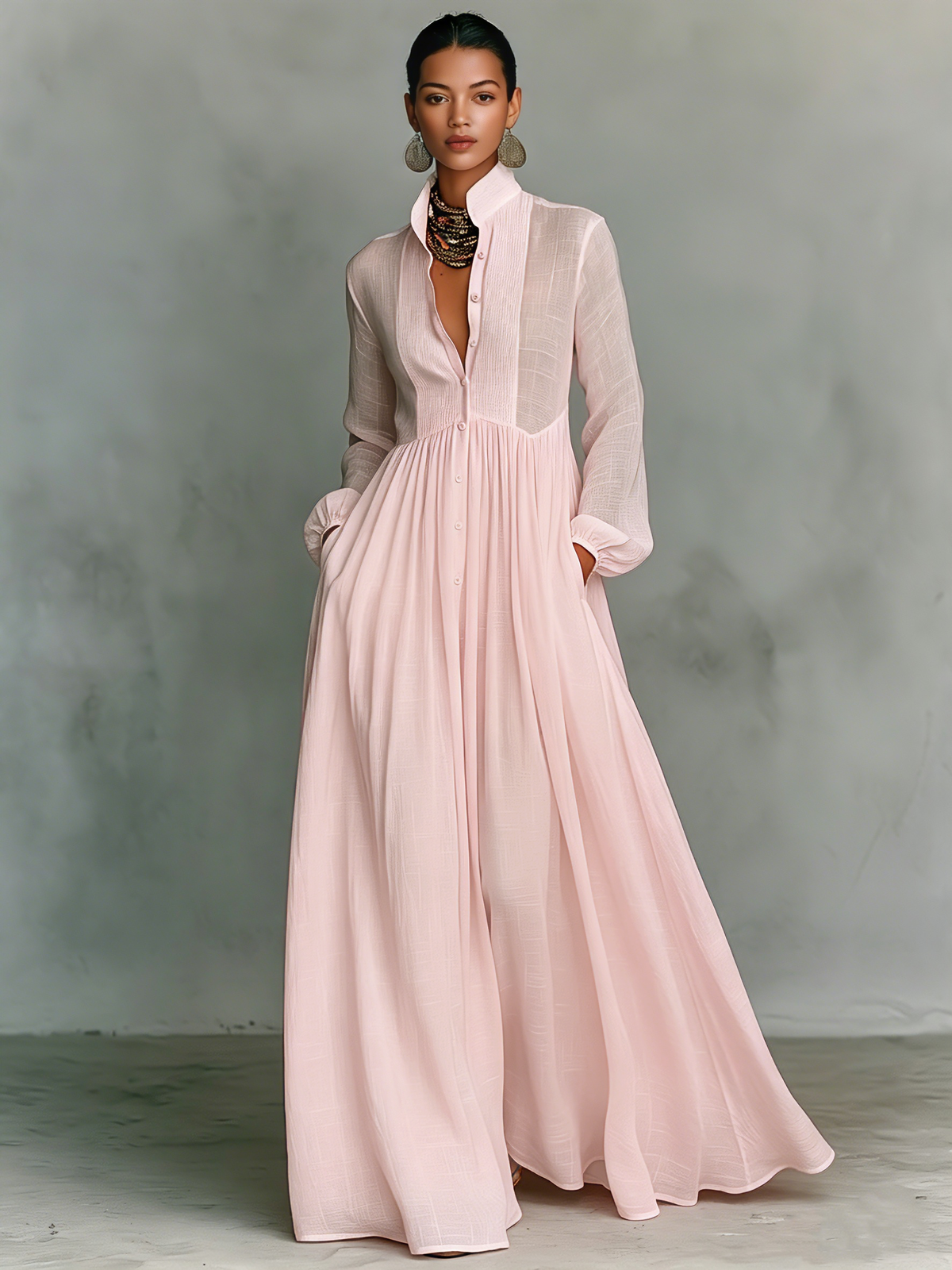 Vestido Maxi Minimalista de Tencel y Lino para Mujer | Diseño de Patchwork, Cuello Alto, Manga Larga y Abotonadura Frontal