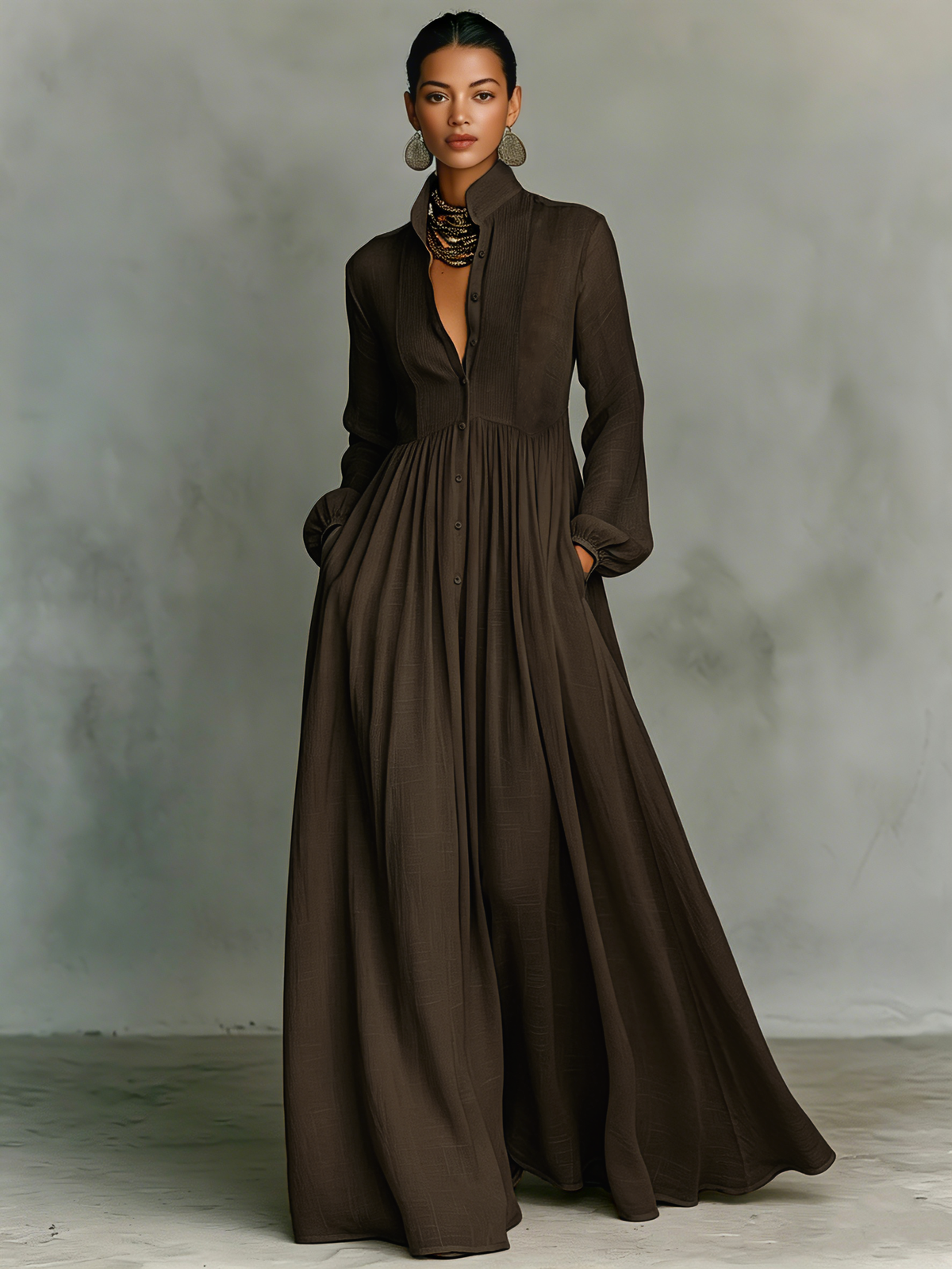 Vestido Maxi Minimalista de Tencel y Lino para Mujer | Diseño de Patchwork, Cuello Alto, Manga Larga y Abotonadura Frontal