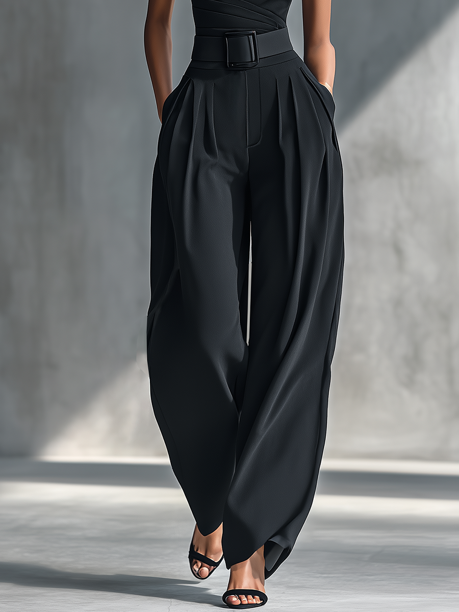 Conjunto de Top Negro de Punto Elástico y Pantalón Ancho en Acetato