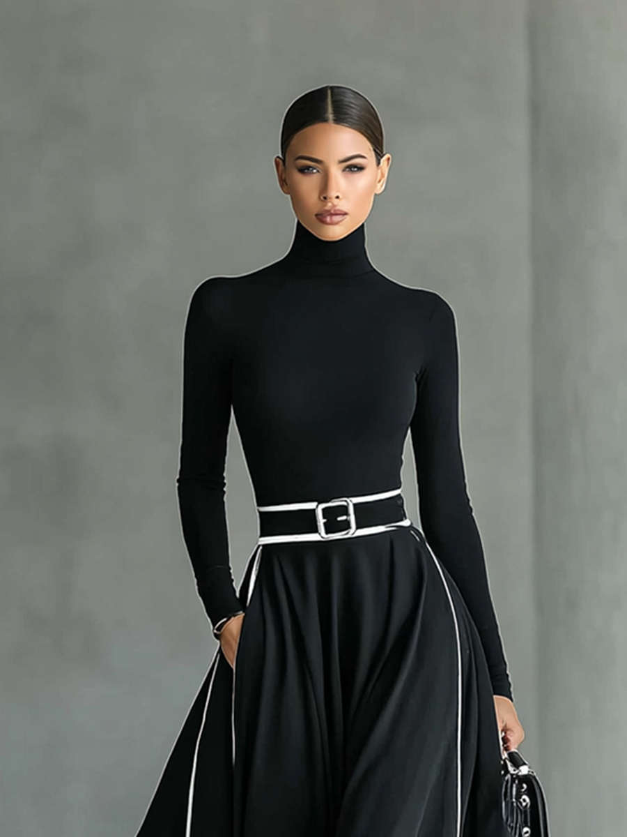 Vestido Maxi Negro con Ribete Blanco de Contraste, Cuello Alto, Manga Larga y Cinturón Ceñido