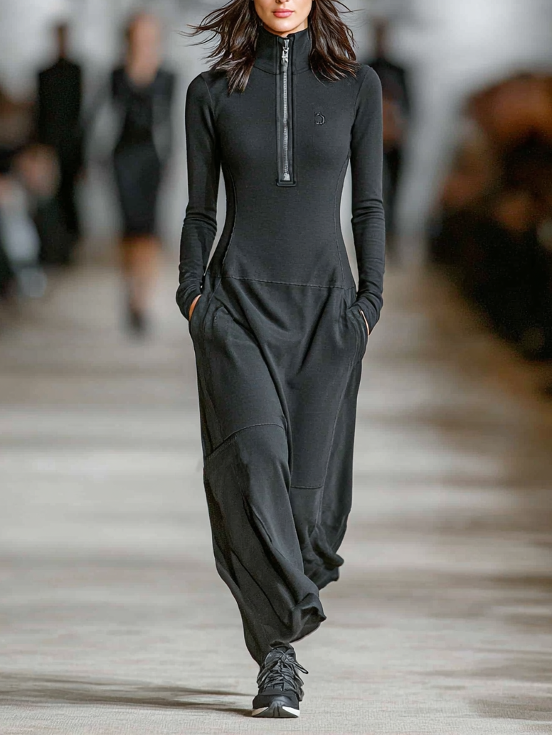 Vestido Maxi Deportivo Holgado en Mezcla de Algodón, Cuello Medio Alto y Cremallera