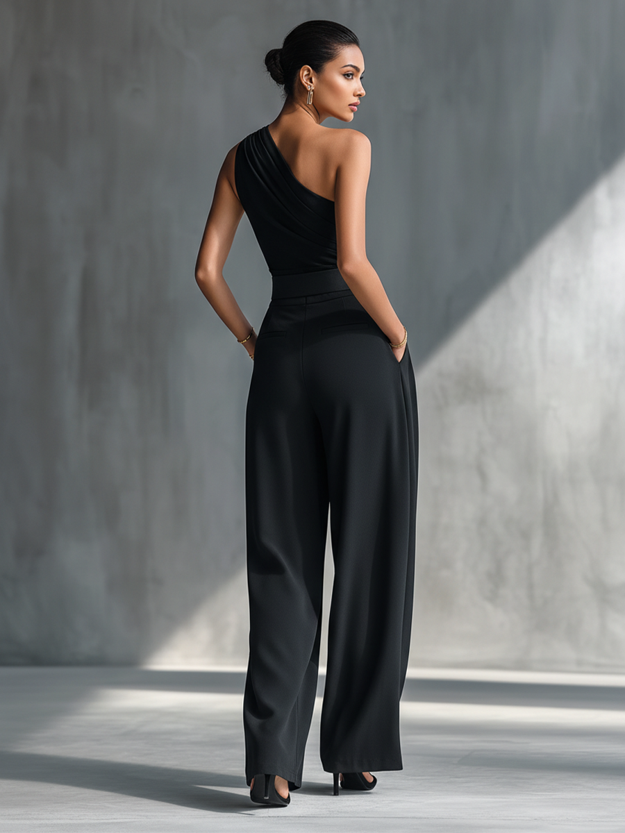 Conjunto de Top Negro de Punto Elástico y Pantalón Ancho en Acetato