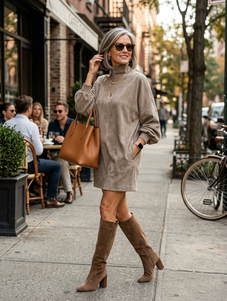 Vestido Corto Minimalista en Ante Sintético, Cuello Alto, Corte Holgado