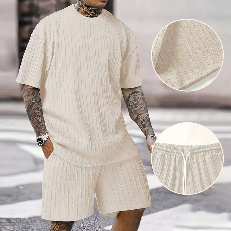 Conjunto de verano de 2 piezas para hombre: camiseta de hombros caídos y pantalón corto con cordón
