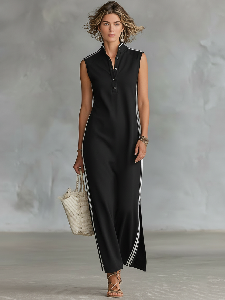 Vestido Maxi Estilo Henley Minimalista y Deportivo, Sin Mangas