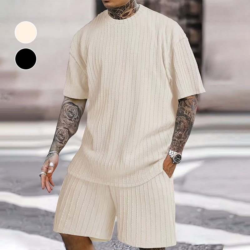 Conjunto de verano de 2 piezas para hombre: camiseta de hombros caídos y pantalón corto con cordón
