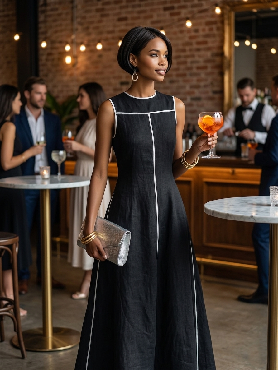 Vestido Maxi Minimalista en Mezcla de Lino con Ribete de Contraste, Cuello Redondo y Sin Mangas