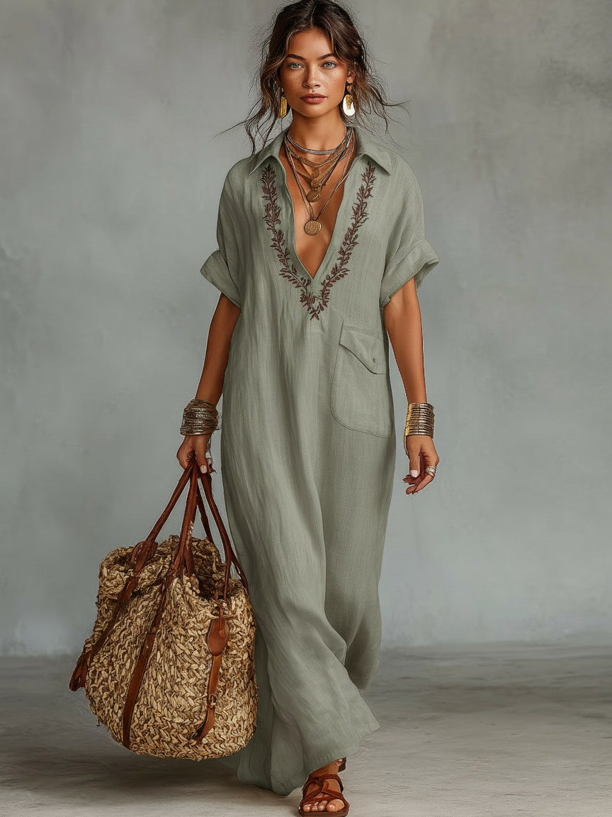 Vestido Maxi Minimalista de Mezcla de Lino Bordado para Mujer