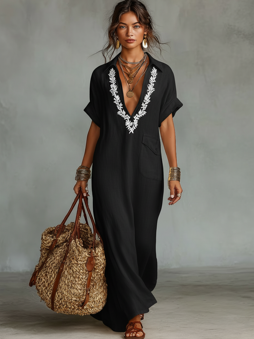 Vestido Maxi Minimalista de Mezcla de Lino Bordado para Mujer