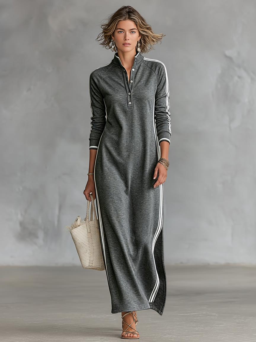 Vestido Maxi Minimalista Tipo Sudadera con Cuello Camisero y Ribete Blanco