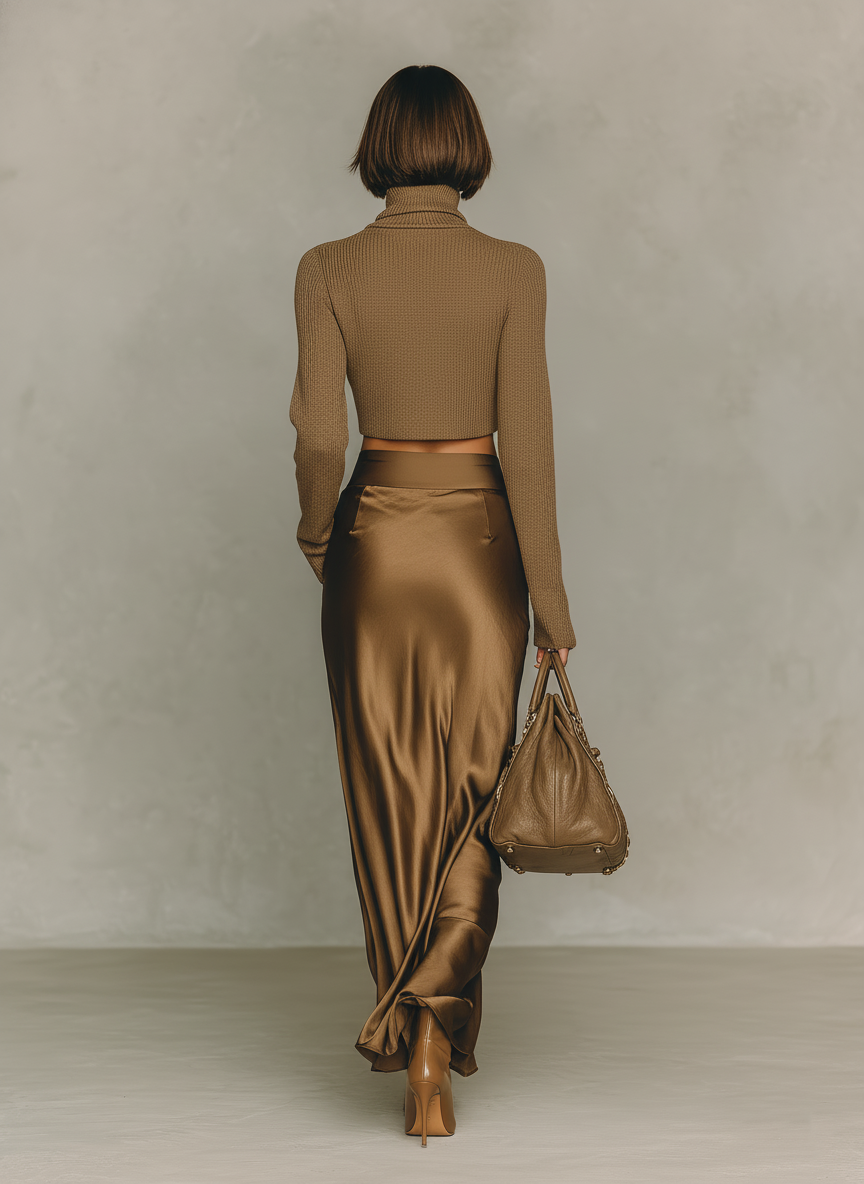Conjunto de Moda: Top de Punto Marrón Dorado con Cuello Alto y Manga Larga, con Falda Midi de Satén