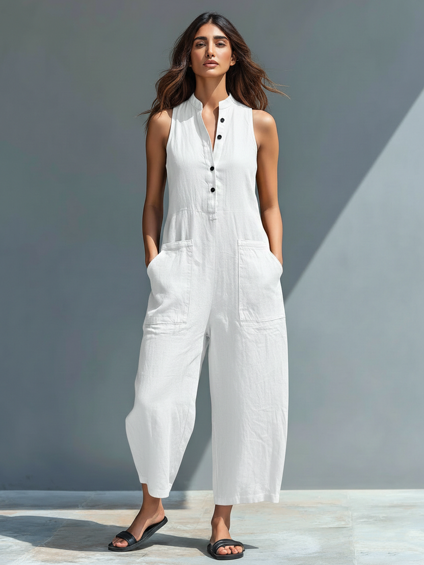 Mono Minimalista de Mezcla de Lino para Mujer | Cuello Alto, Botones, Sin Mangas y Corte Holgado