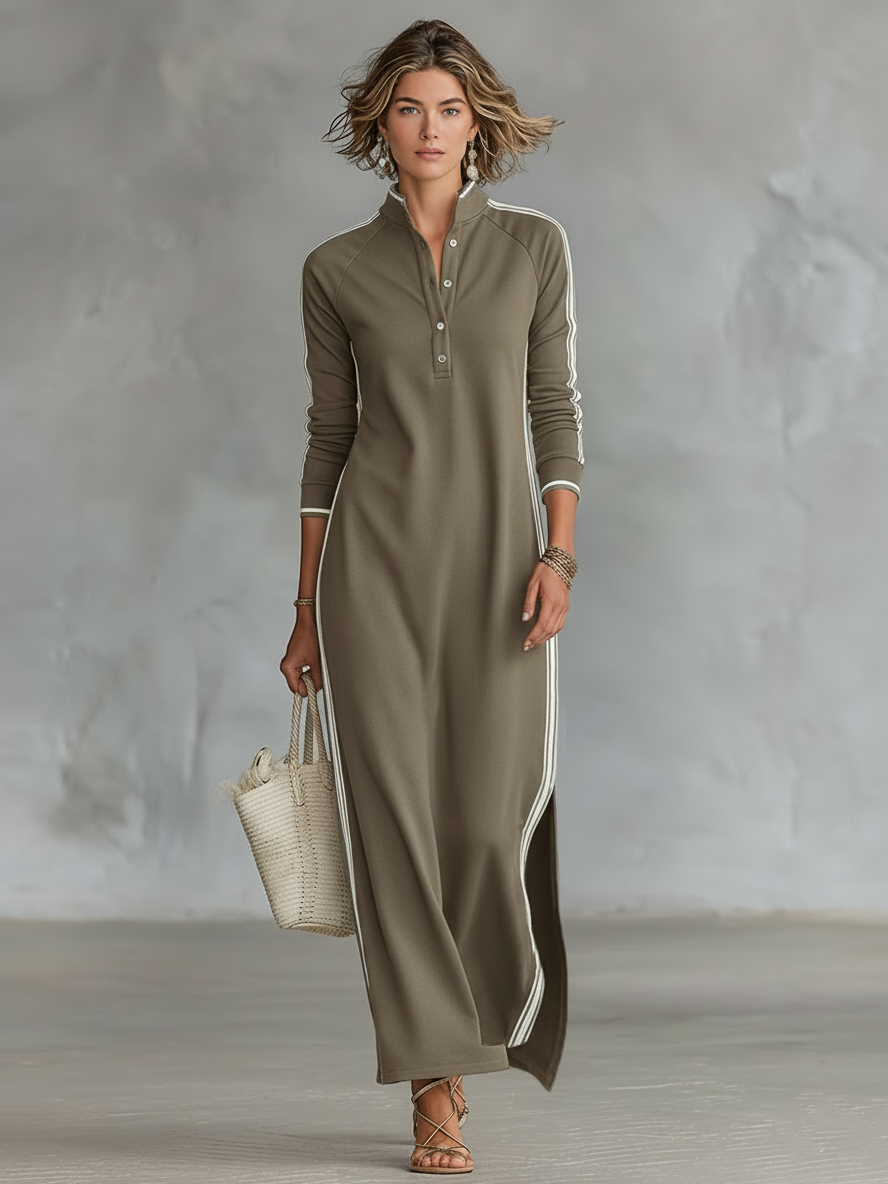Vestido Maxi Minimalista Tipo Sudadera con Cuello Camisero y Ribete Blanco