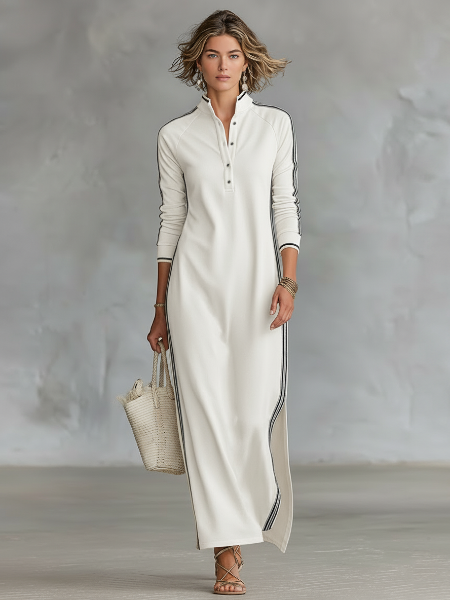 Vestido Maxi Minimalista Tipo Sudadera con Cuello Camisero y Ribete Blanco