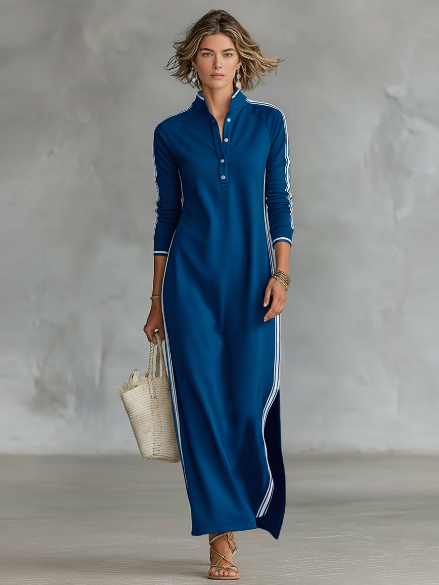 Vestido Maxi Minimalista Tipo Sudadera con Cuello Camisero y Ribete Blanco