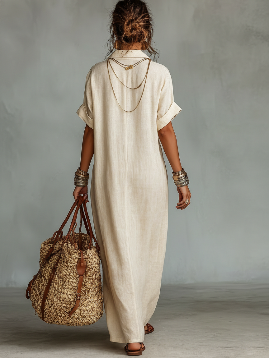 Vestido Maxi Minimalista de Mezcla de Lino Bordado para Mujer
