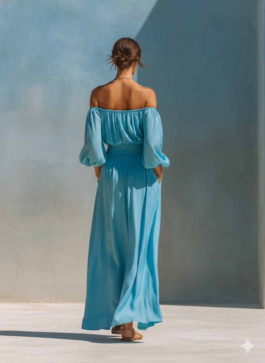 Vestido Largo Azul Cielo para Mujer | Hombros Descubiertos, Mangas Abullonadas, Cintura Fruncida, Abertura Lateral y Bolsillos