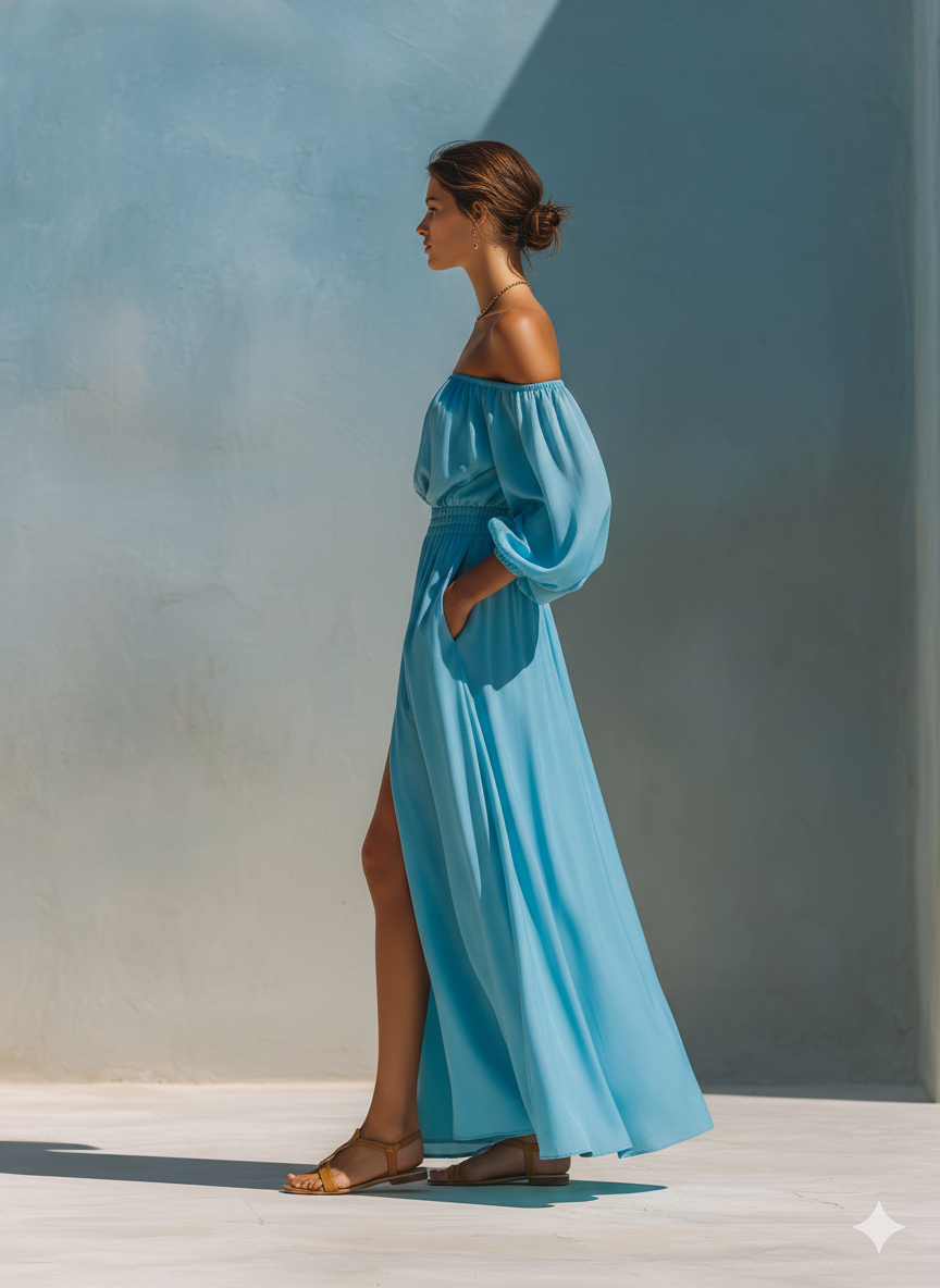 Vestido Largo Azul Cielo para Mujer | Hombros Descubiertos, Mangas Abullonadas, Cintura Fruncida, Abertura Lateral y Bolsillos