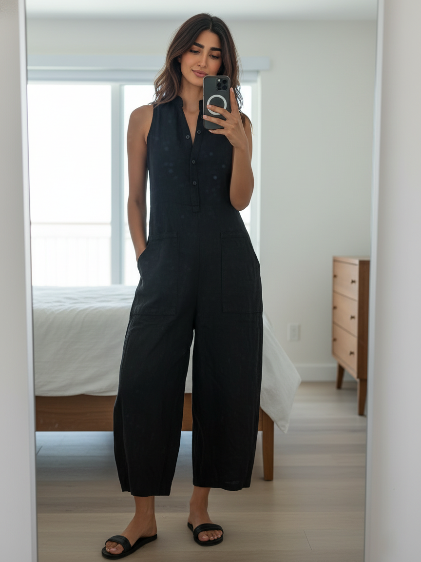 Mono Minimalista de Mezcla de Lino para Mujer | Cuello Alto, Botones, Sin Mangas y Corte Holgado