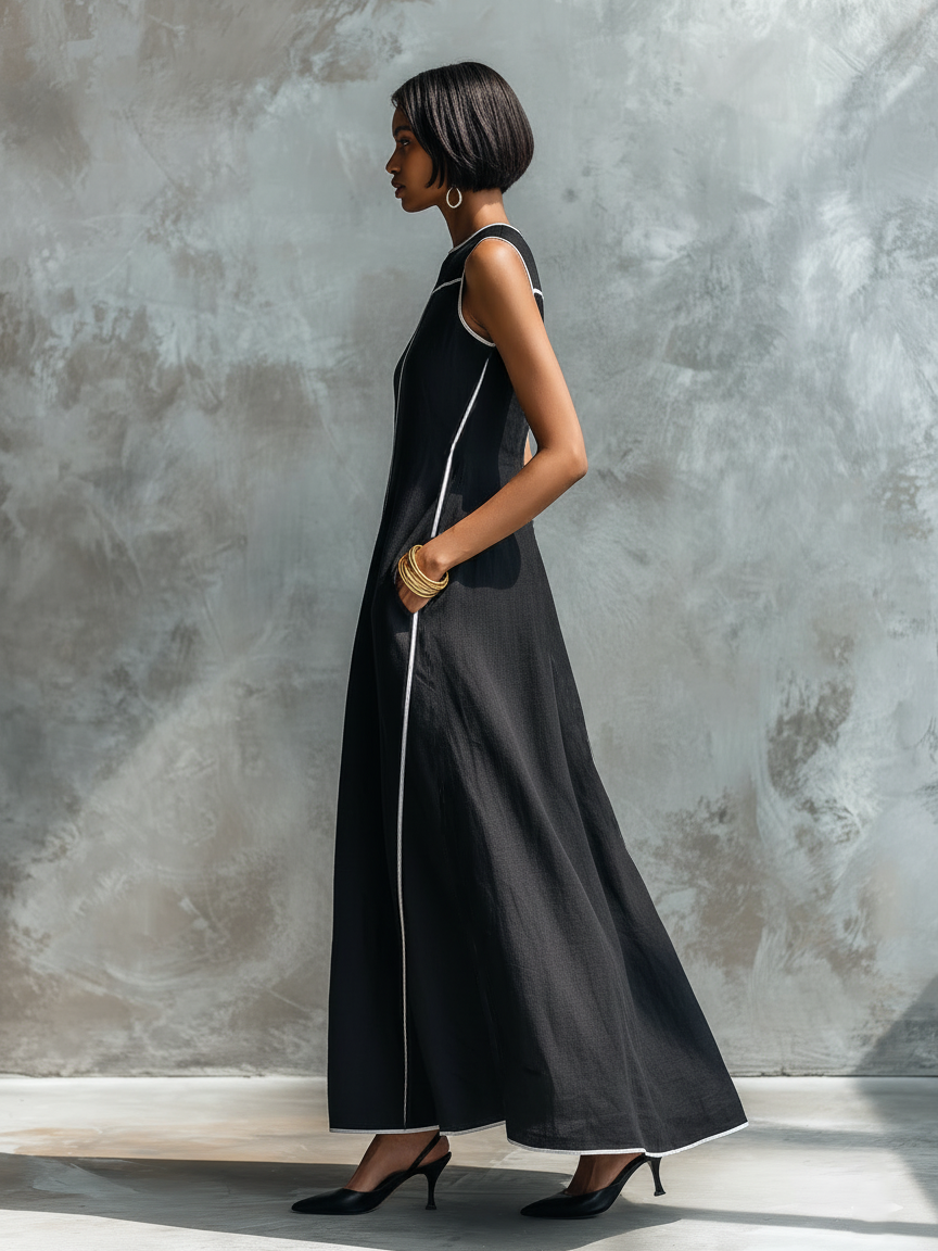 Vestido Maxi Minimalista en Mezcla de Lino con Ribete de Contraste, Cuello Redondo y Sin Mangas