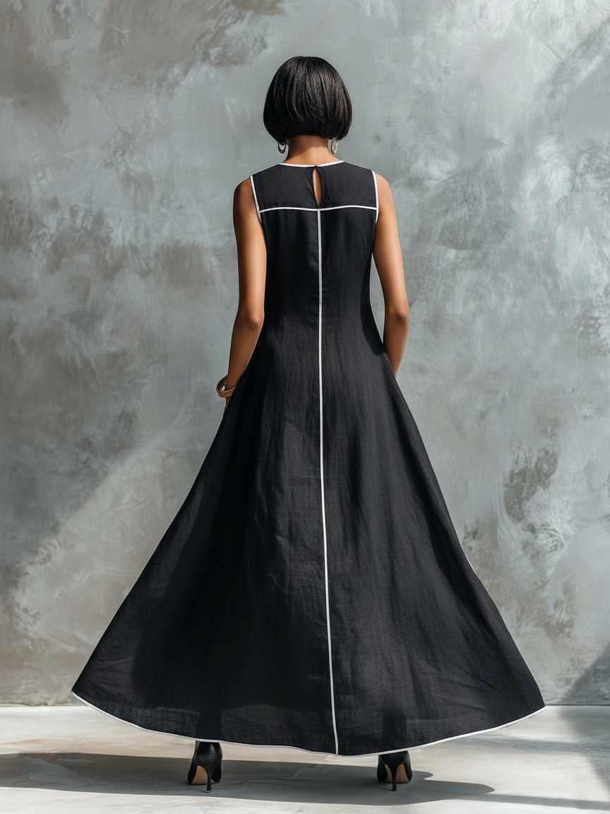 Vestido Maxi Minimalista en Mezcla de Lino con Ribete de Contraste, Cuello Redondo y Sin Mangas