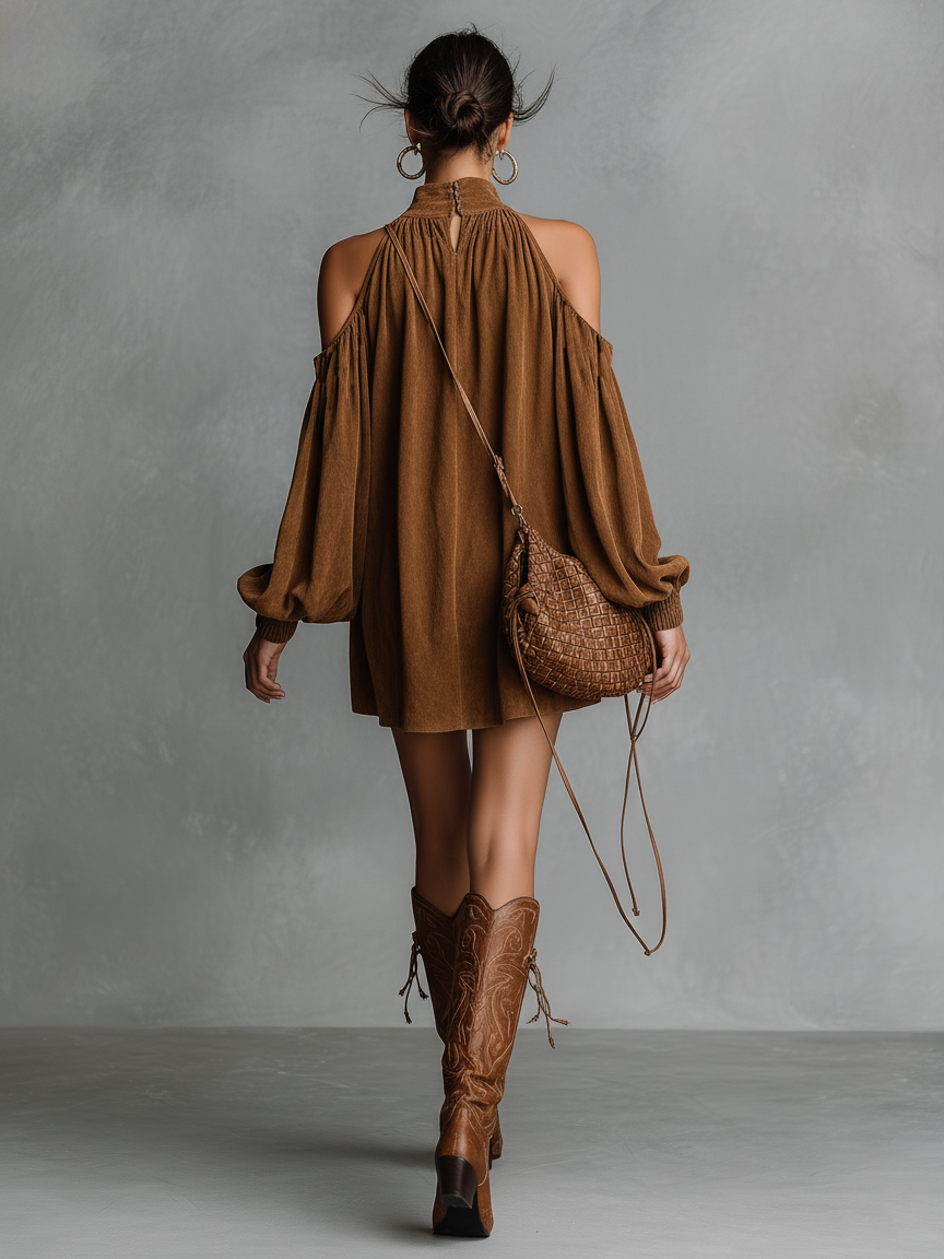 Vestido Corto de Ante Sintético para Mujer | Cuello Halter, Cuello Semialto y Mangas Abullonadas