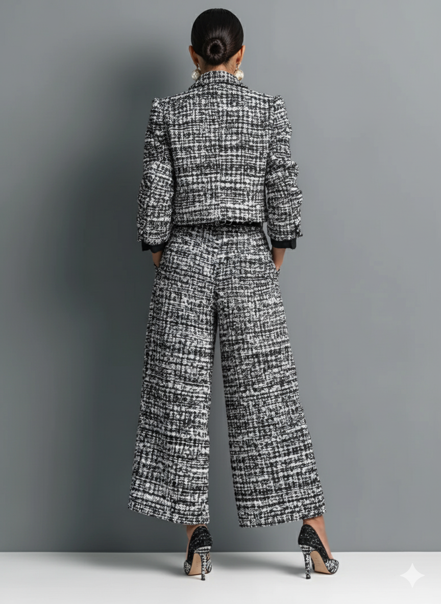 Conjunto en Mezcla de Tweed: Chaqueta Corta de Botonadura Sencilla y Pantalón Ancho