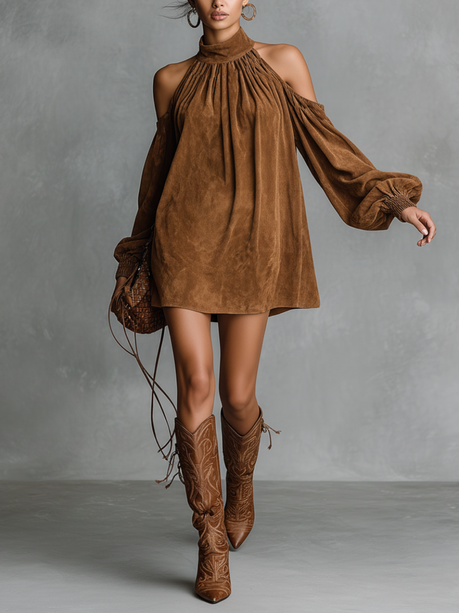 Vestido Corto de Ante Sintético para Mujer | Cuello Halter, Cuello Semialto y Mangas Abullonadas