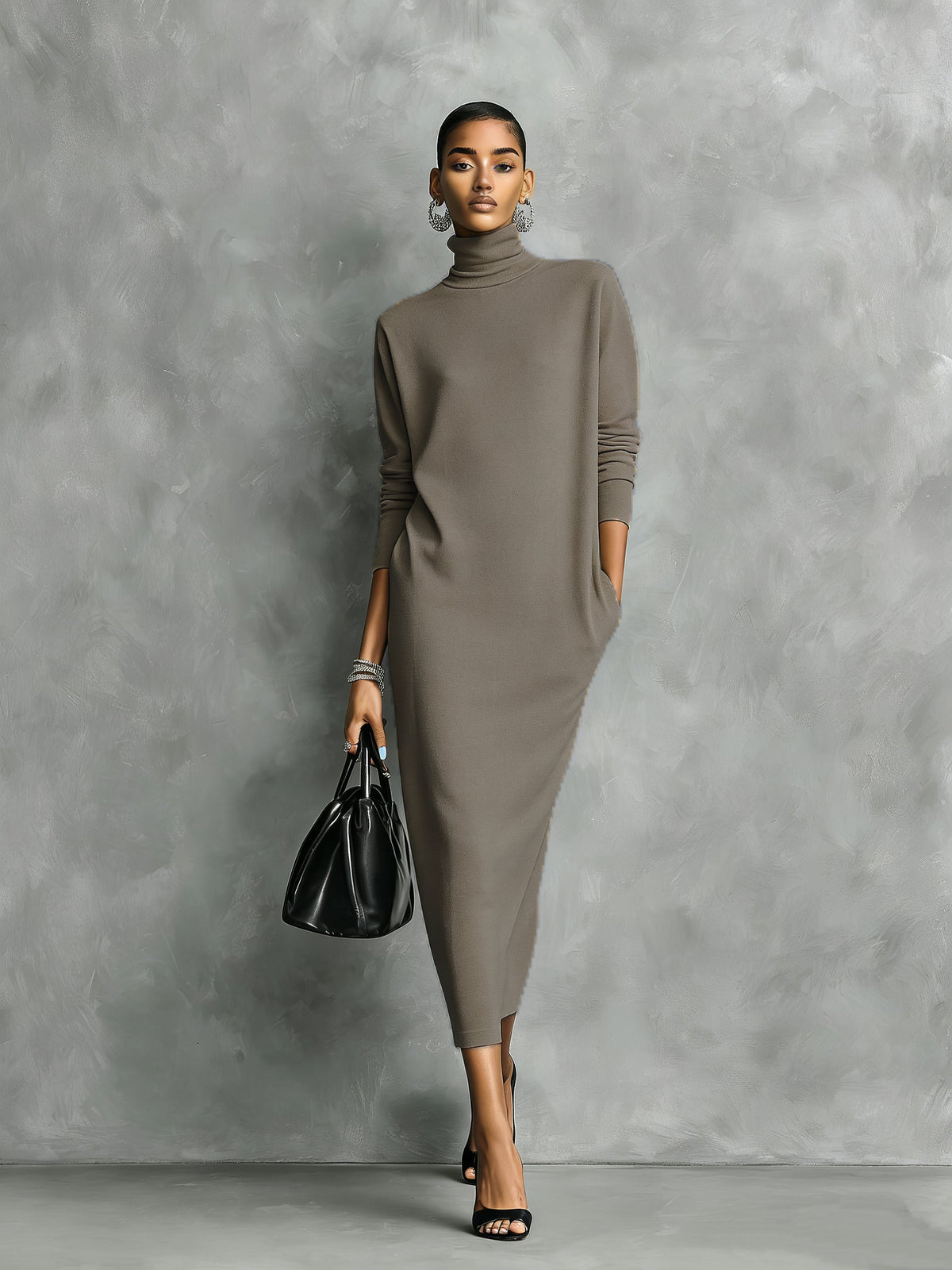 Vestido Midi Negro de Punto para Mujer | Cuello Alto, Manga Larga y Corte Holgado
