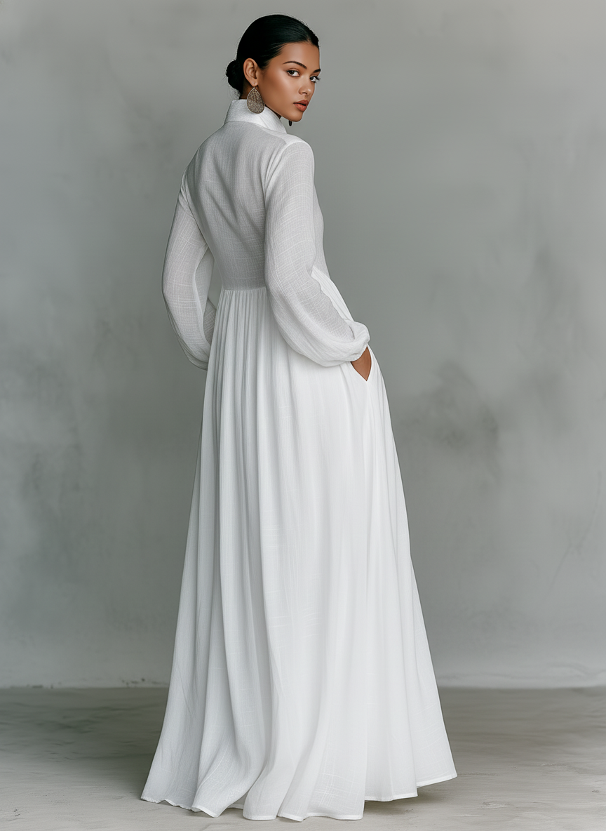 Vestido Maxi Minimalista de Tencel y Lino para Mujer | Diseño de Patchwork, Cuello Alto, Manga Larga y Abotonadura Frontal