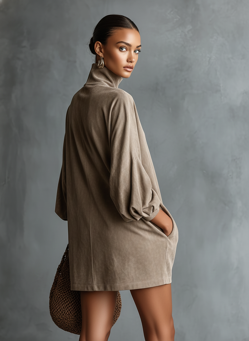 Vestido Corto Minimalista en Ante Sintético, Cuello Alto, Corte Holgado