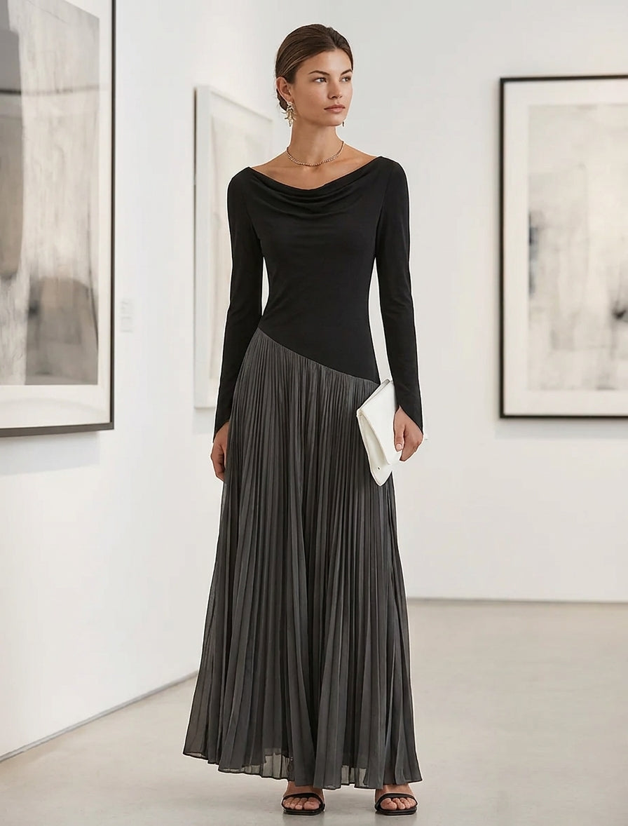 Vestido Maxi Minimalista Bicolor con Escote Drapeado