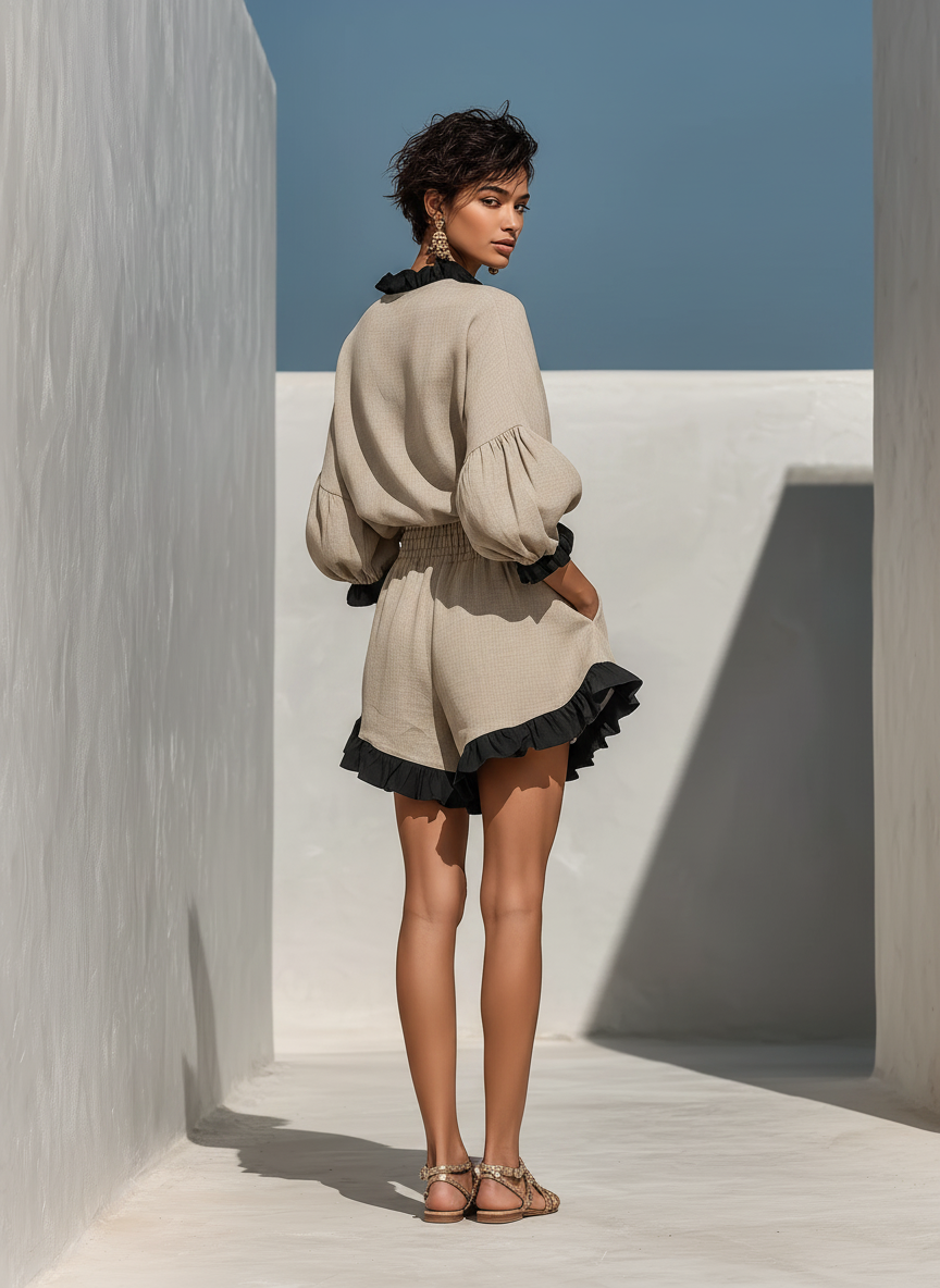 Conjunto de Dos Piezas Beige de Mezcla de Lino para Mujer | Blusa de Manga Larga con Volantes y Shorts de Tiro Alto con Bajo de Volantes