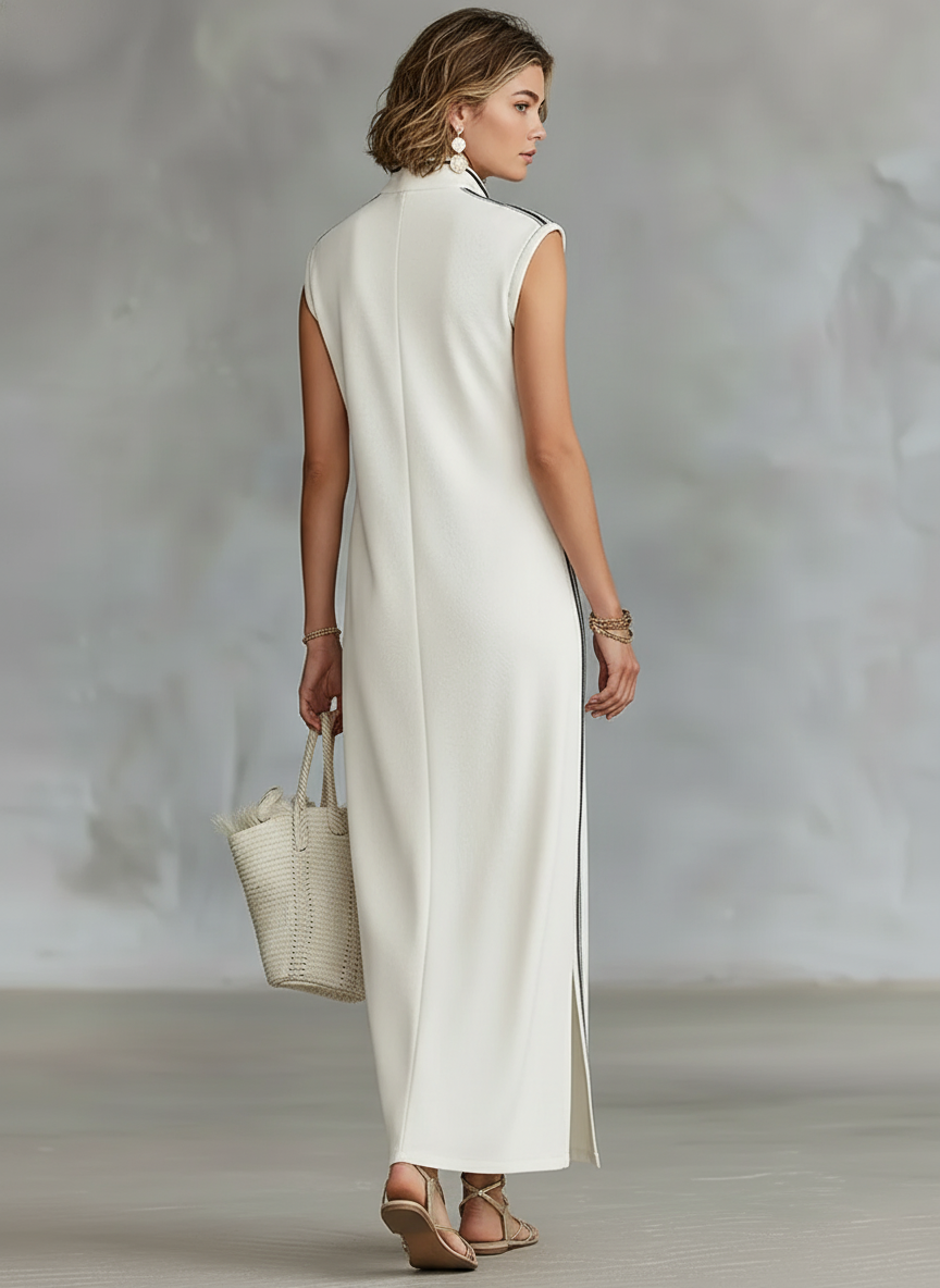 Vestido Maxi Estilo Henley Minimalista y Deportivo, Sin Mangas