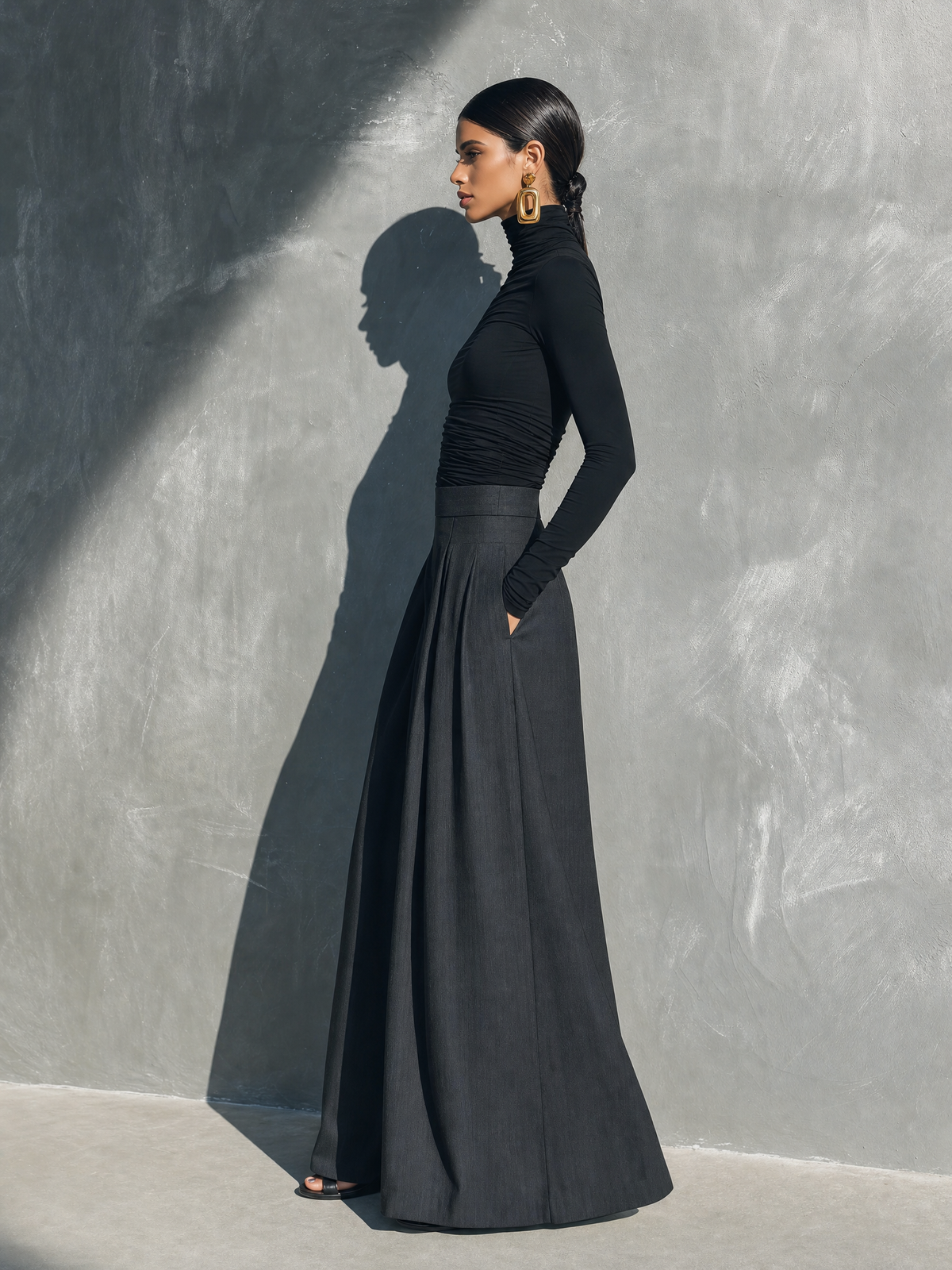 Conjunto Casual de Dos Piezas para Mujer | Top Negro de Punto Elástico de Manga Larga y Pantalón Gris Oscuro de Pierna Ancha