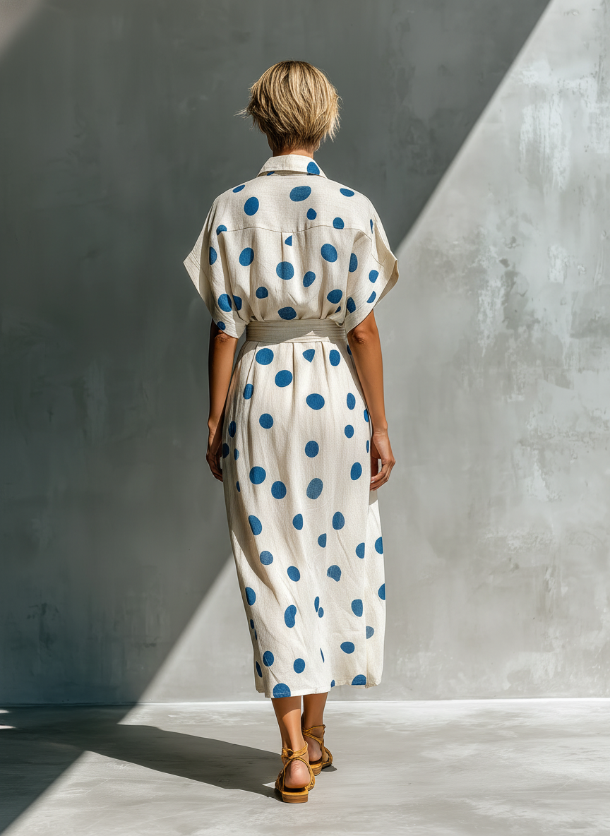 Vestido Camisero de Lino en Blanco Roto con Lunares para Mujer | Cinturón Ajustable y Bolsillos