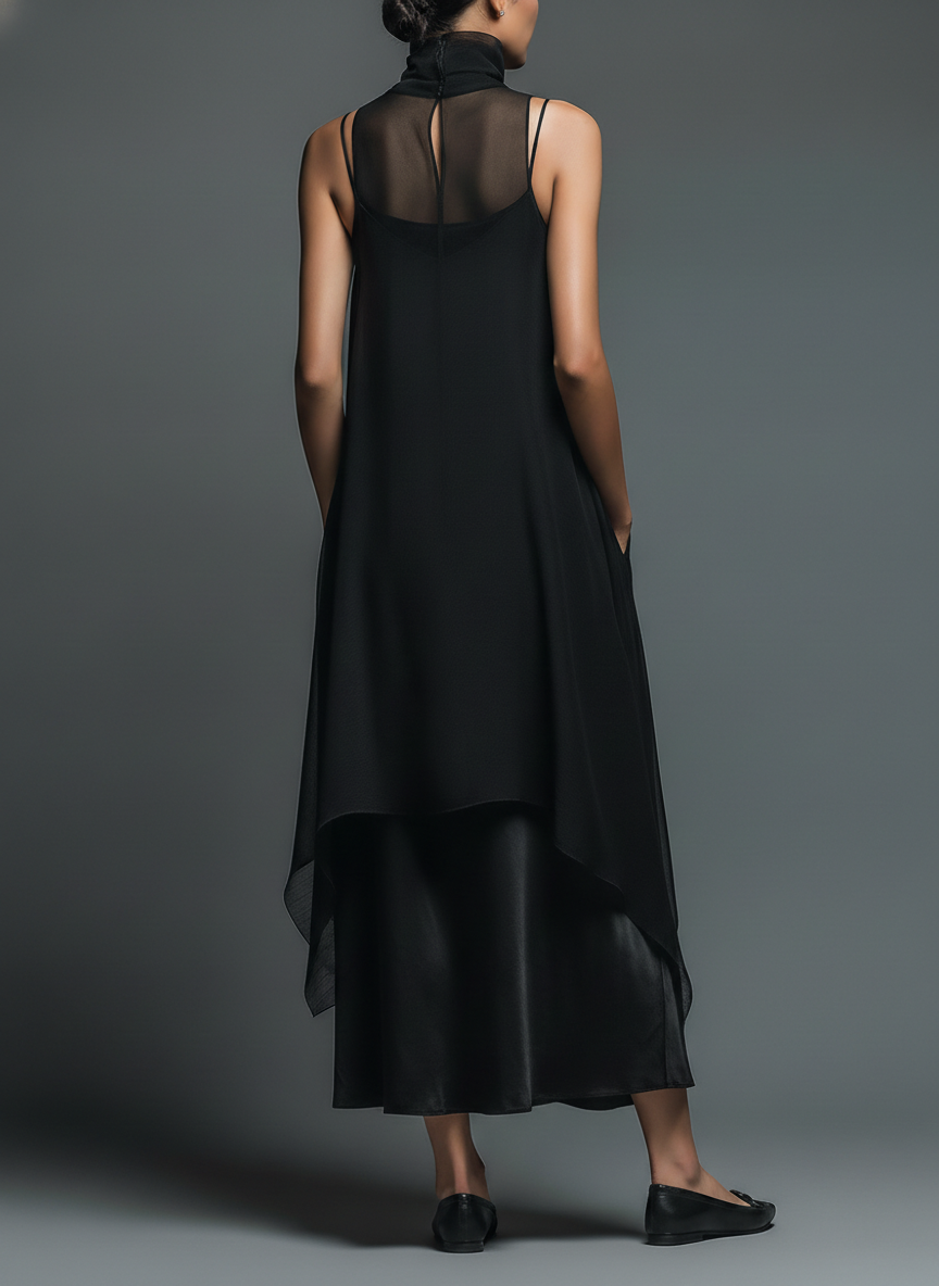 Vestido Slip Minimalista Imitación Acetato con Sobrecapa de Gasa, Maxi