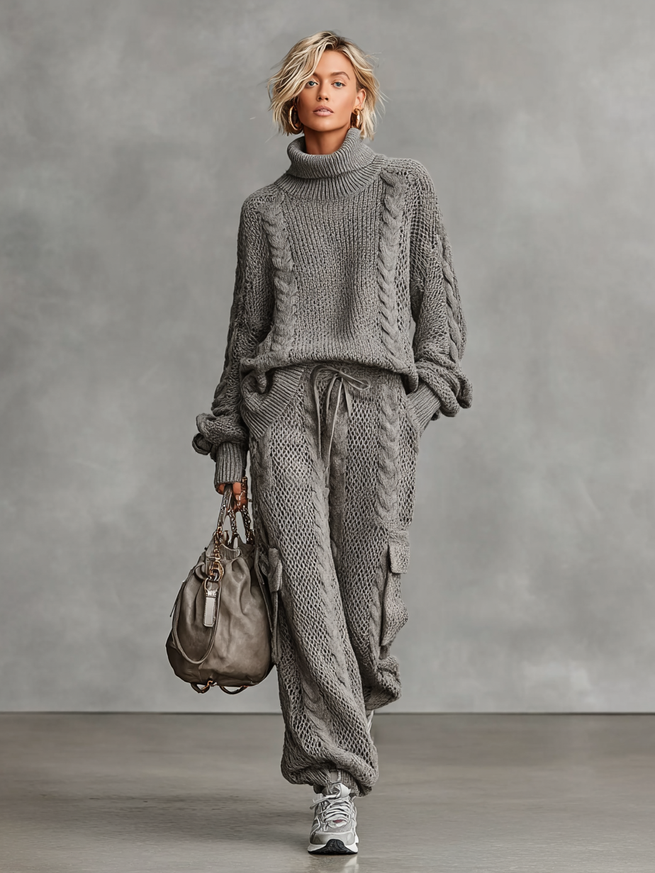 Conjunto Casual: Jersey de Cuello Alto en Punto Trenzado y Pantalón Cargo