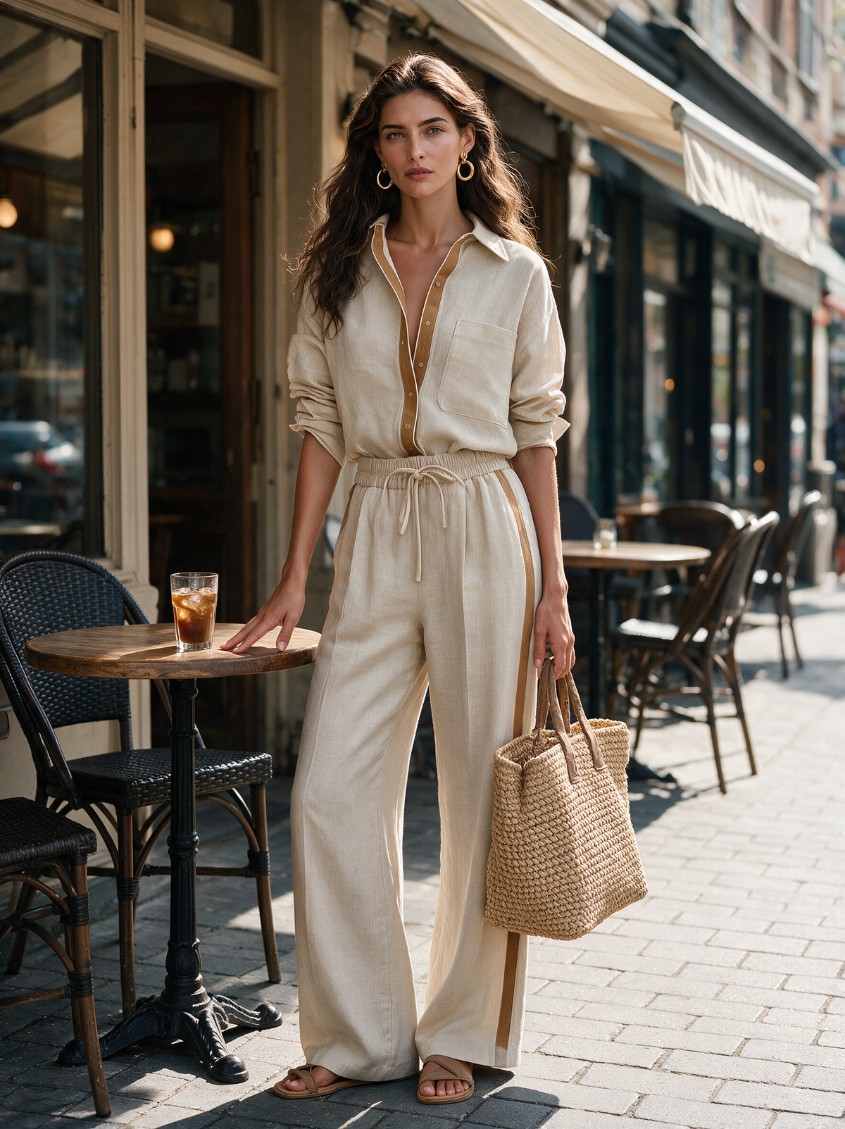 Conjunto Casual de Dos Piezas en Caqui de Algodón y Lino para Mujer | Camisa y Pantalón