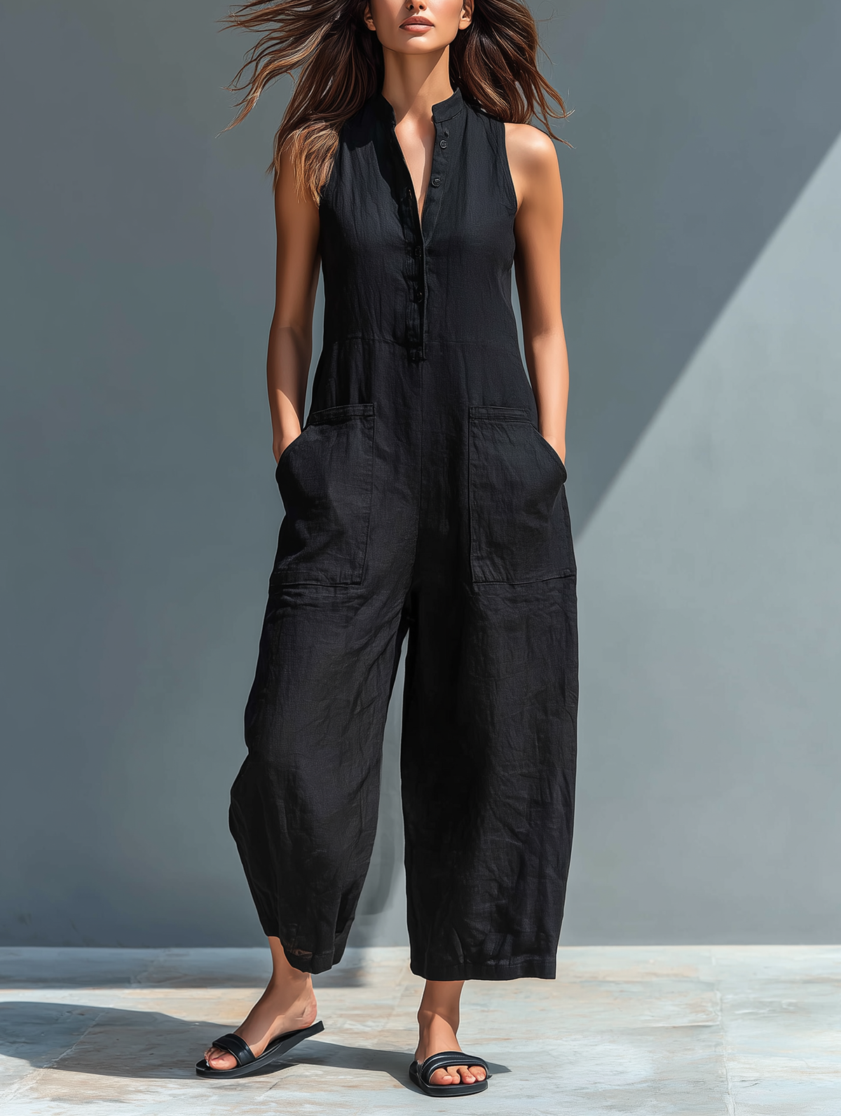 Mono Minimalista de Mezcla de Lino para Mujer | Cuello Alto, Botones, Sin Mangas y Corte Holgado