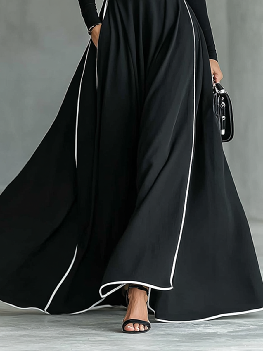 Vestido Maxi Negro con Ribete Blanco de Contraste, Cuello Alto, Manga Larga y Cinturón Ceñido
