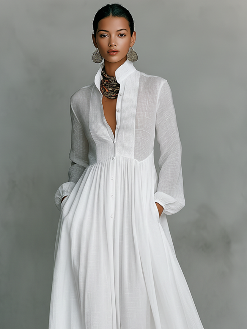 Vestido Maxi Minimalista de Tencel y Lino para Mujer | Diseño de Patchwork, Cuello Alto, Manga Larga y Abotonadura Frontal