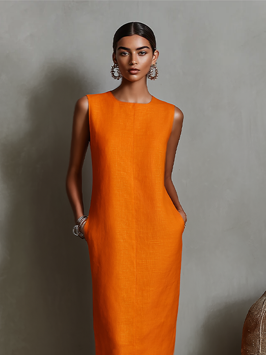 Vestido Recto Naranja en Lino, Sin Mangas, Cuello Redondo y Bolsillos Laterales — Diseño Minimalista y Elegante Atemporal