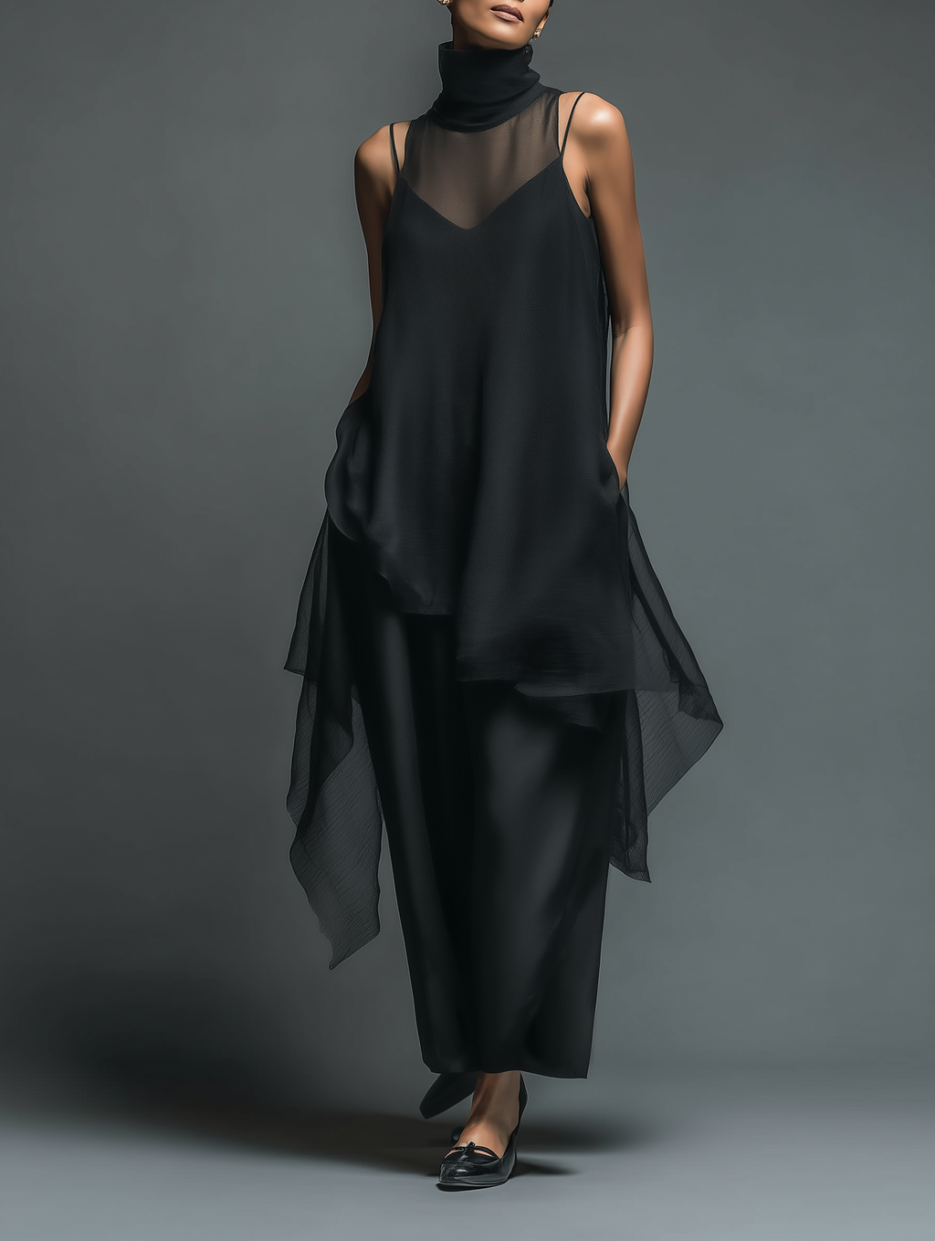 Vestido Slip Minimalista Imitación Acetato con Sobrecapa de Gasa, Maxi