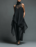 Vestido Slip Minimalista Imitación Acetato con Sobrecapa de Gasa, Maxi