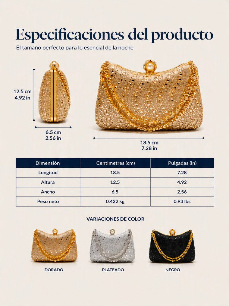 👜 Clutch de Noche con Pedrería y Cierre de Perla